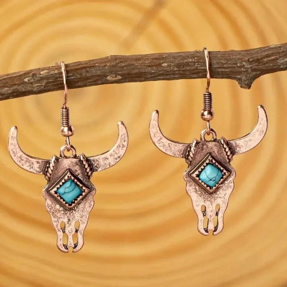 Women’s Boho Bull head Cow Western Earrings Turquoise Dangle
